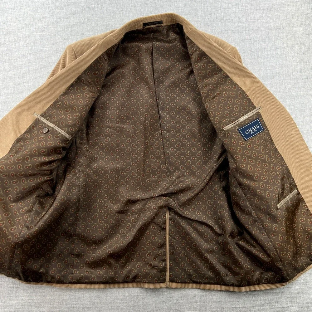 Chaps Mens 44R Corduroy Blazer Sport Coat Tan Beige Suede Elbow Patches Academia